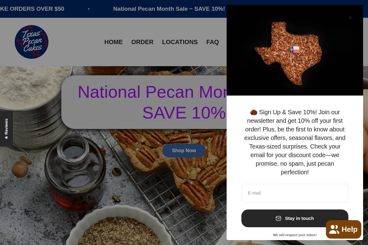 Texas Pecan Cakes homepage screenshot