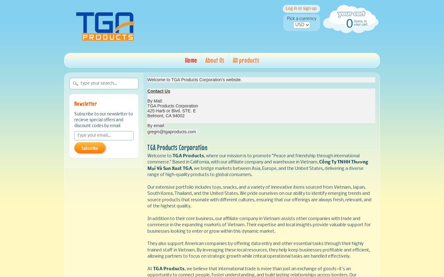 tgaproducts.com homepage screenshot