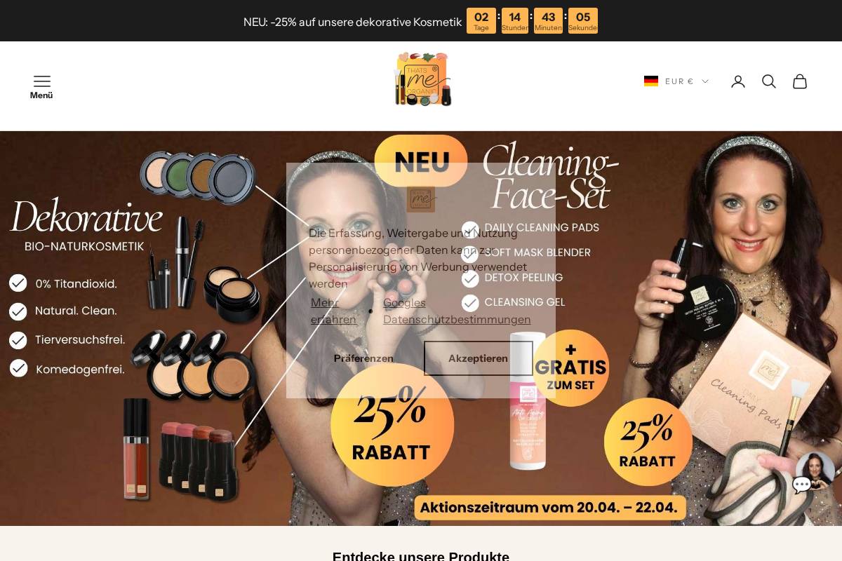 Thats me organic homepage screenshot