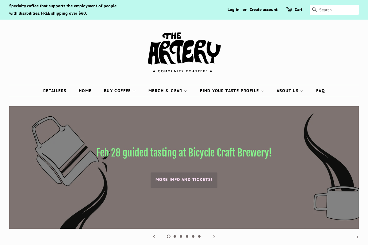 The Artery Community Roasters homepage screenshot
