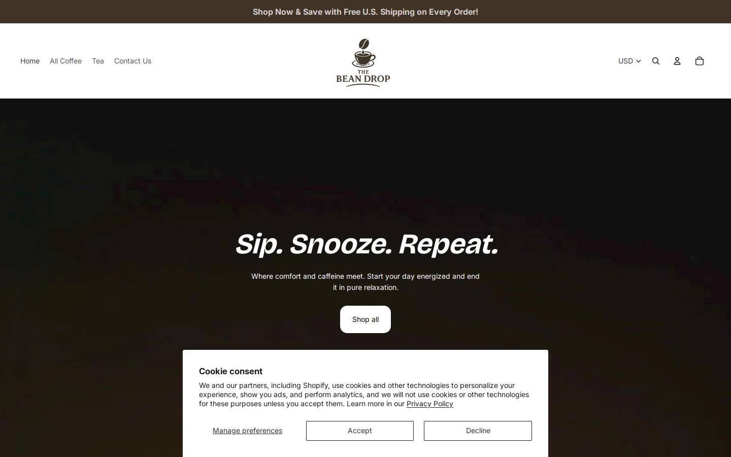 thebeandrop.com homepage screenshot