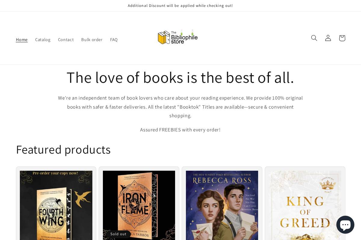 thebibliophilestore.com homepage screenshot