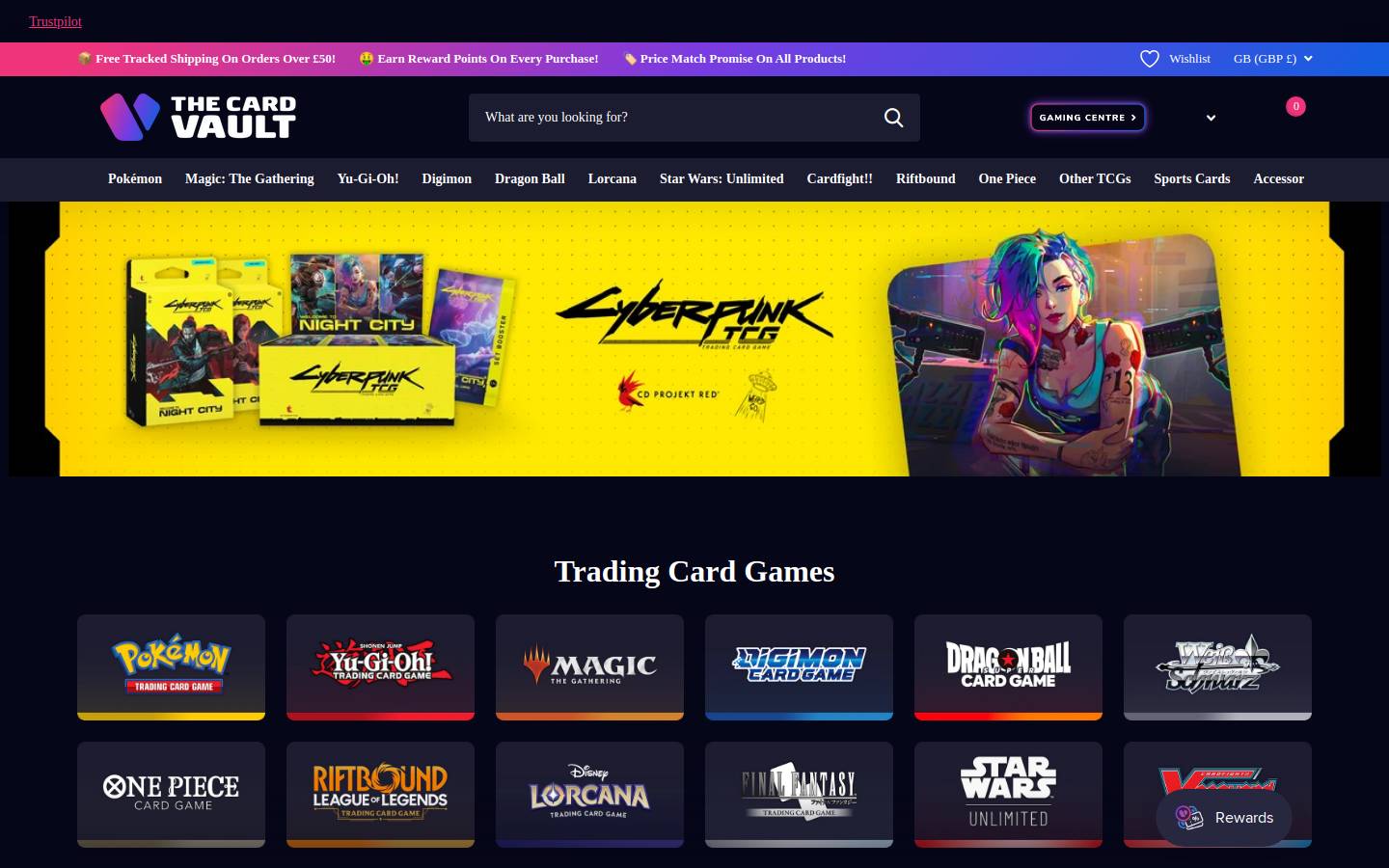 The Card Vault homepage screenshot
