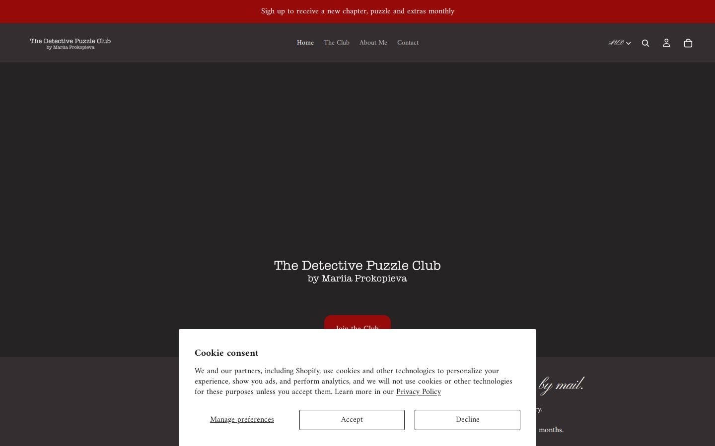 thedetectivepuzzleclub.com homepage screenshot