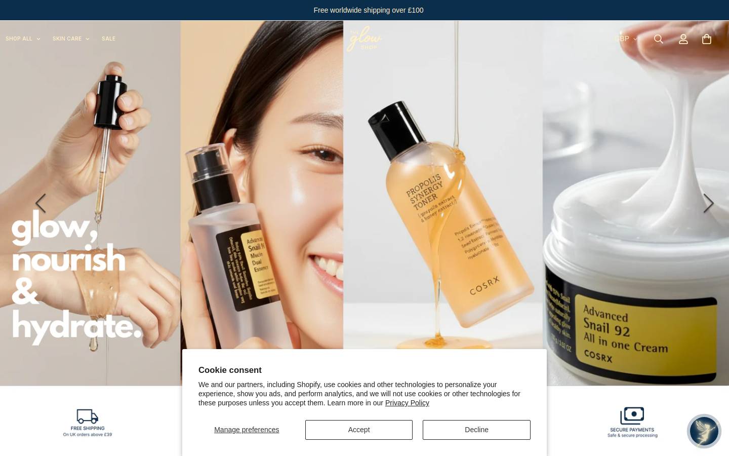 Theglowshop homepage screenshot