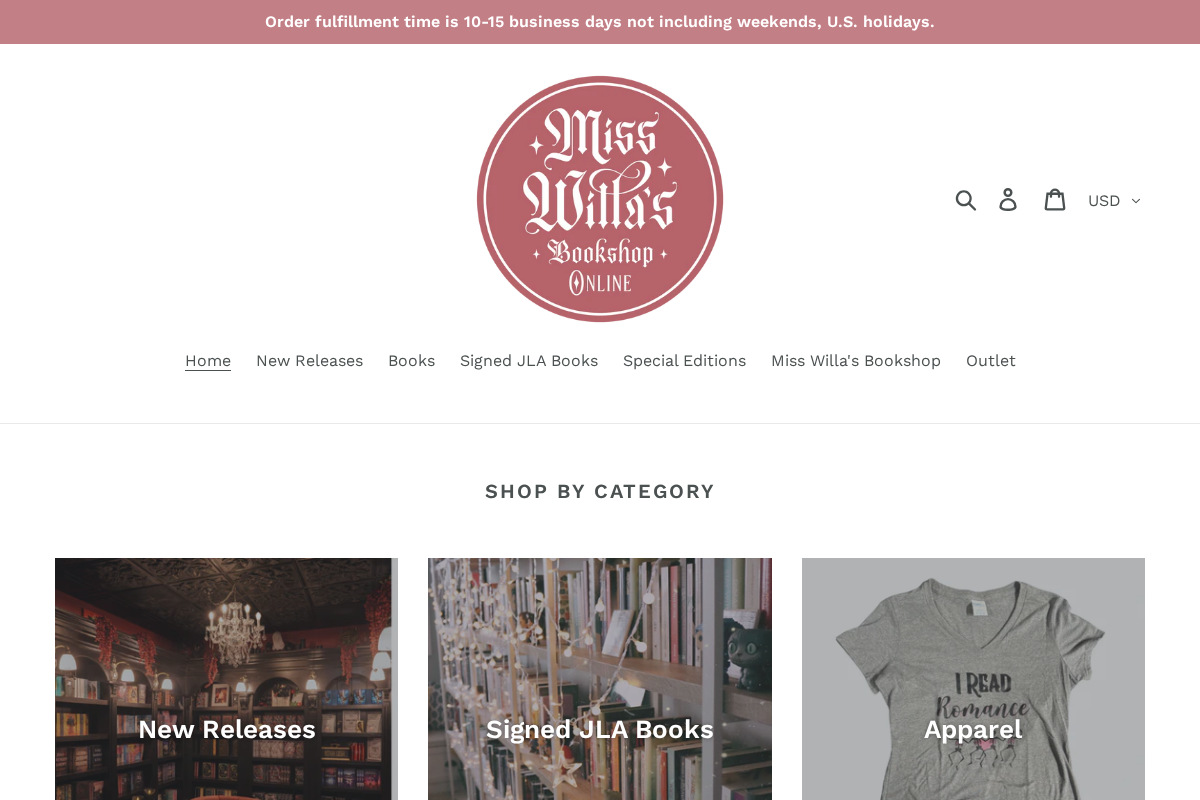 Miss Willa's Bookshop Online homepage screenshot