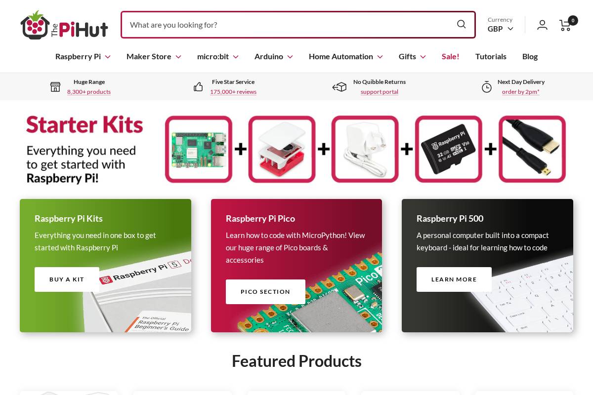 The Pi Hut homepage screenshot