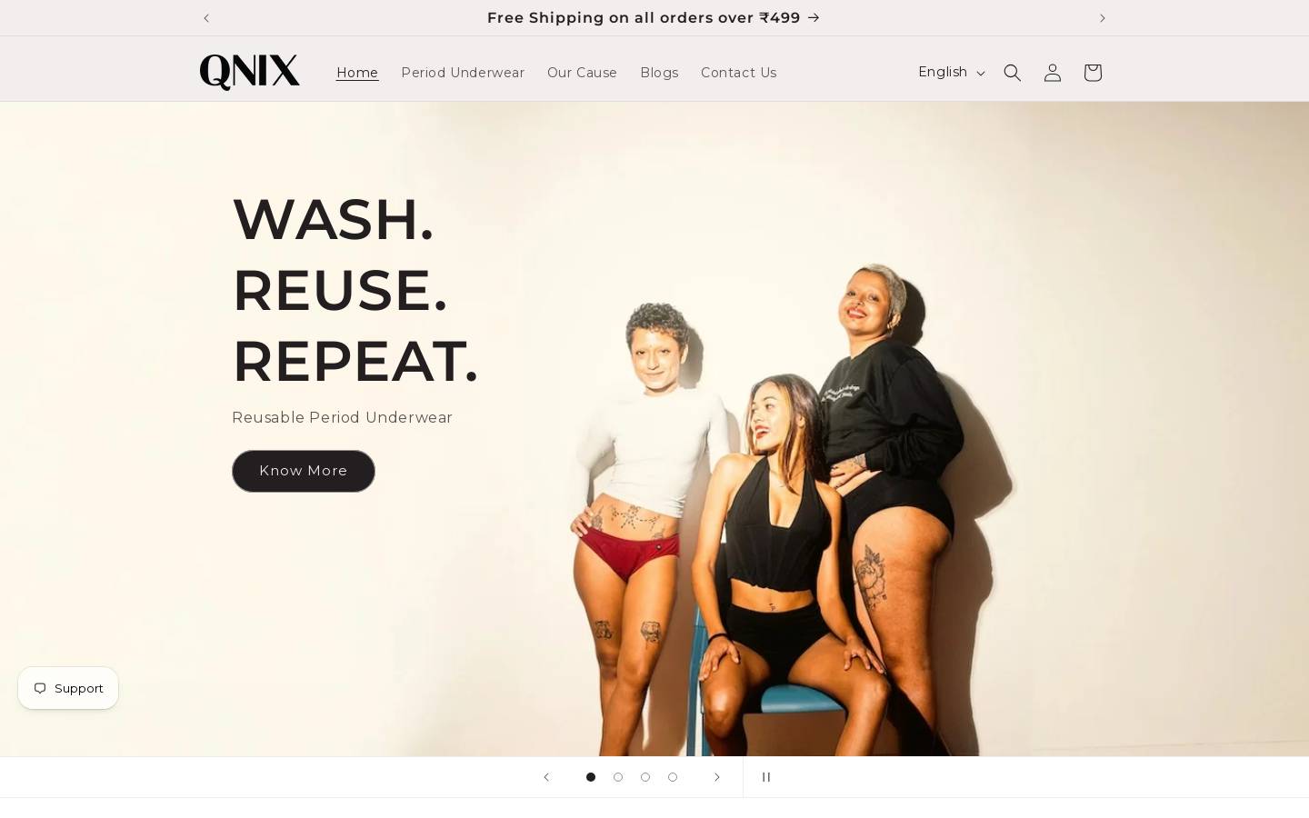 Qnix - Reusable Period Underwear homepage screenshot