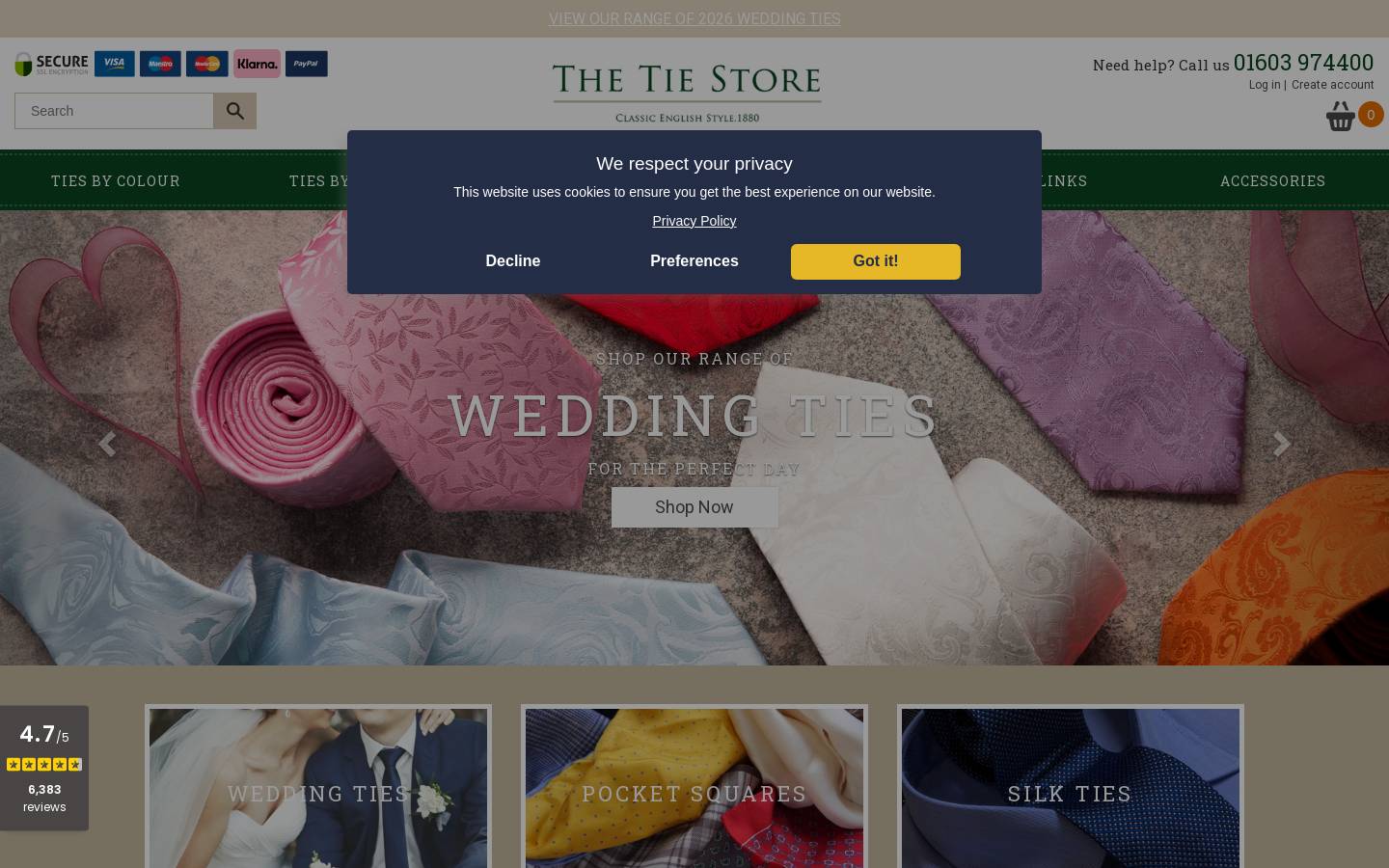 The Tie Store homepage screenshot