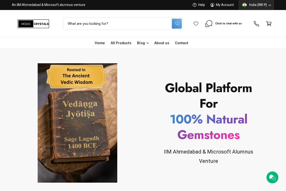 Vedic Crystals homepage screenshot