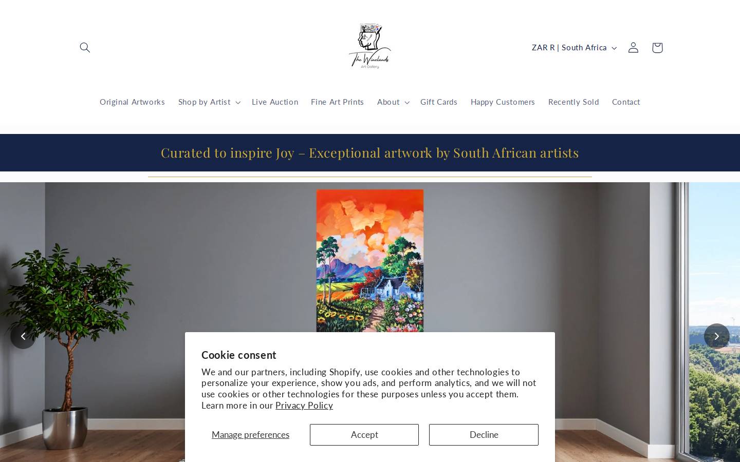 thewinelandsartgallery.com homepage screenshot