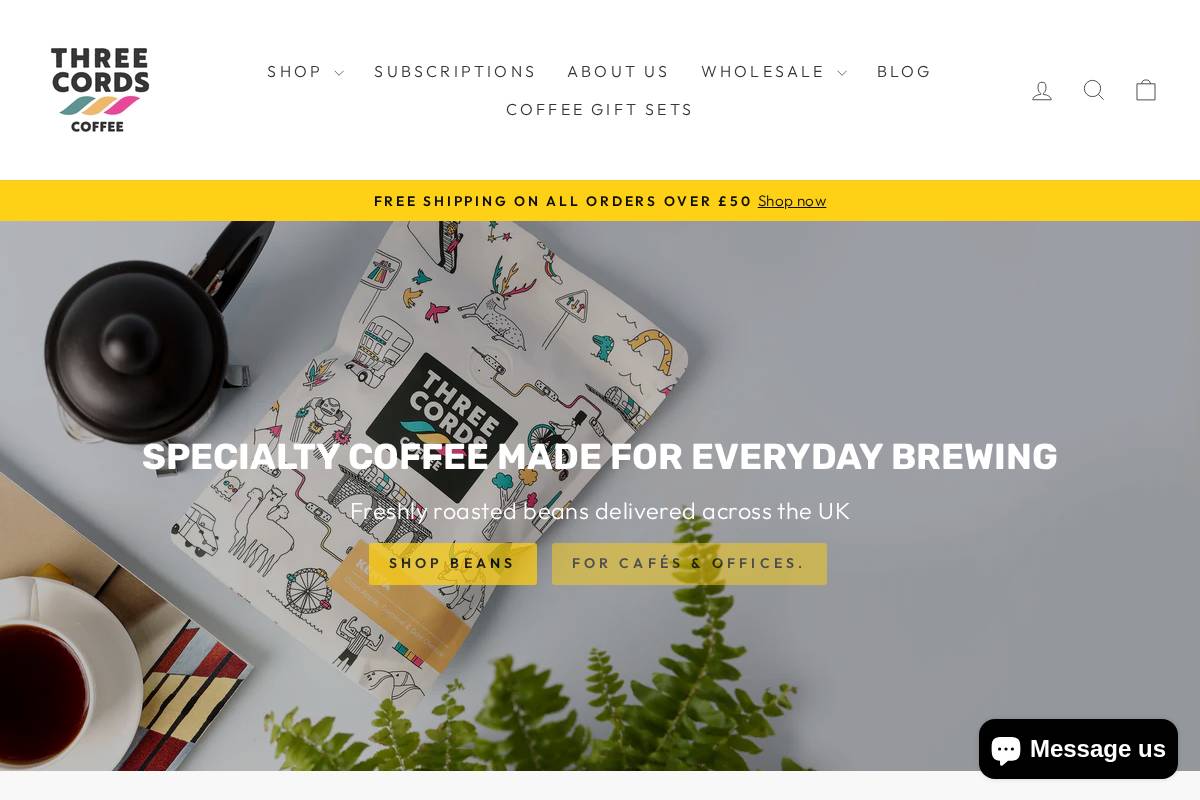 Threecordscoffee homepage screenshot