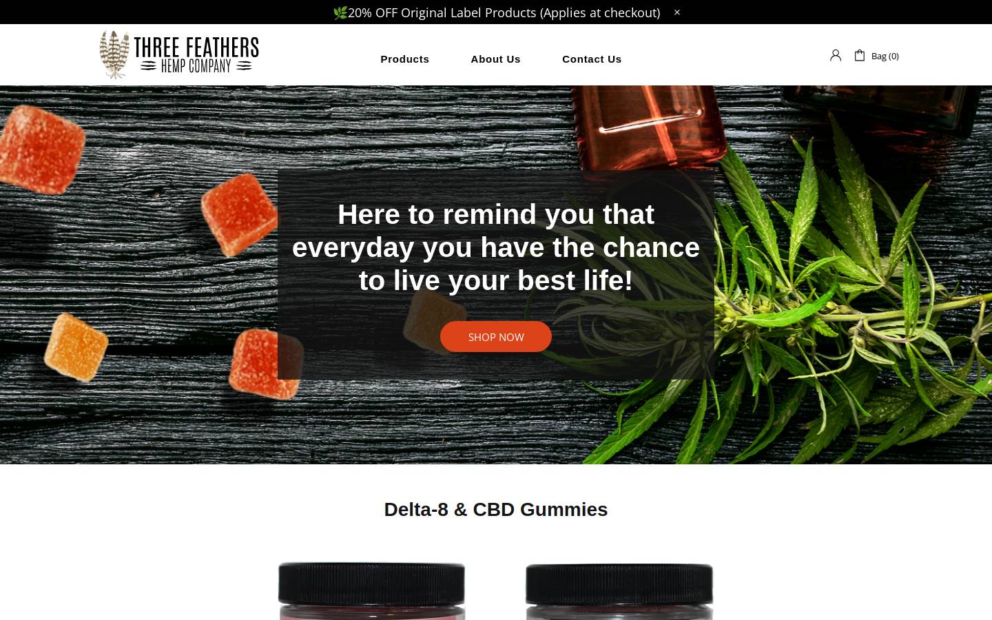 threefeathershemp.com homepage screenshot