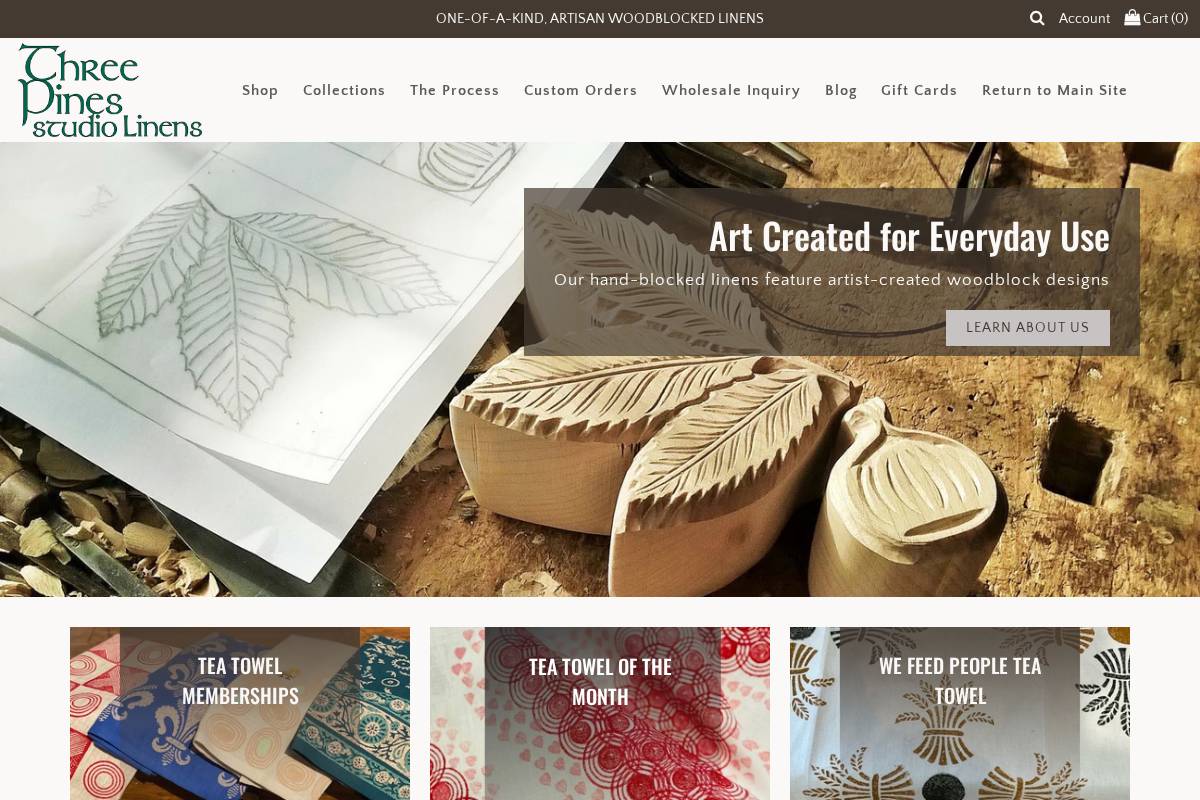 threepinesstudiolinens.com homepage screenshot