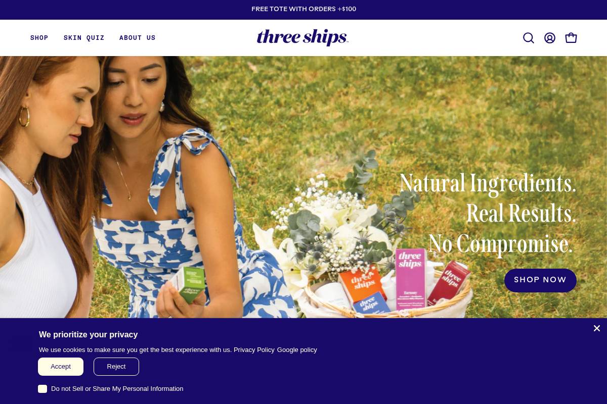 threeshipsbeauty.com homepage screenshot
