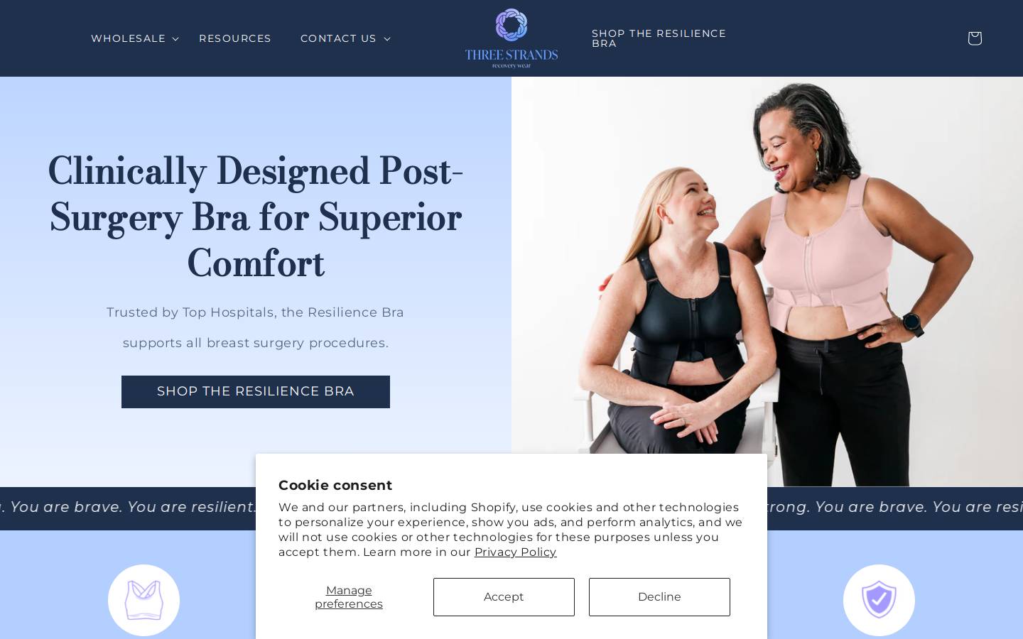 threestrandsrecoverywear.com homepage screenshot