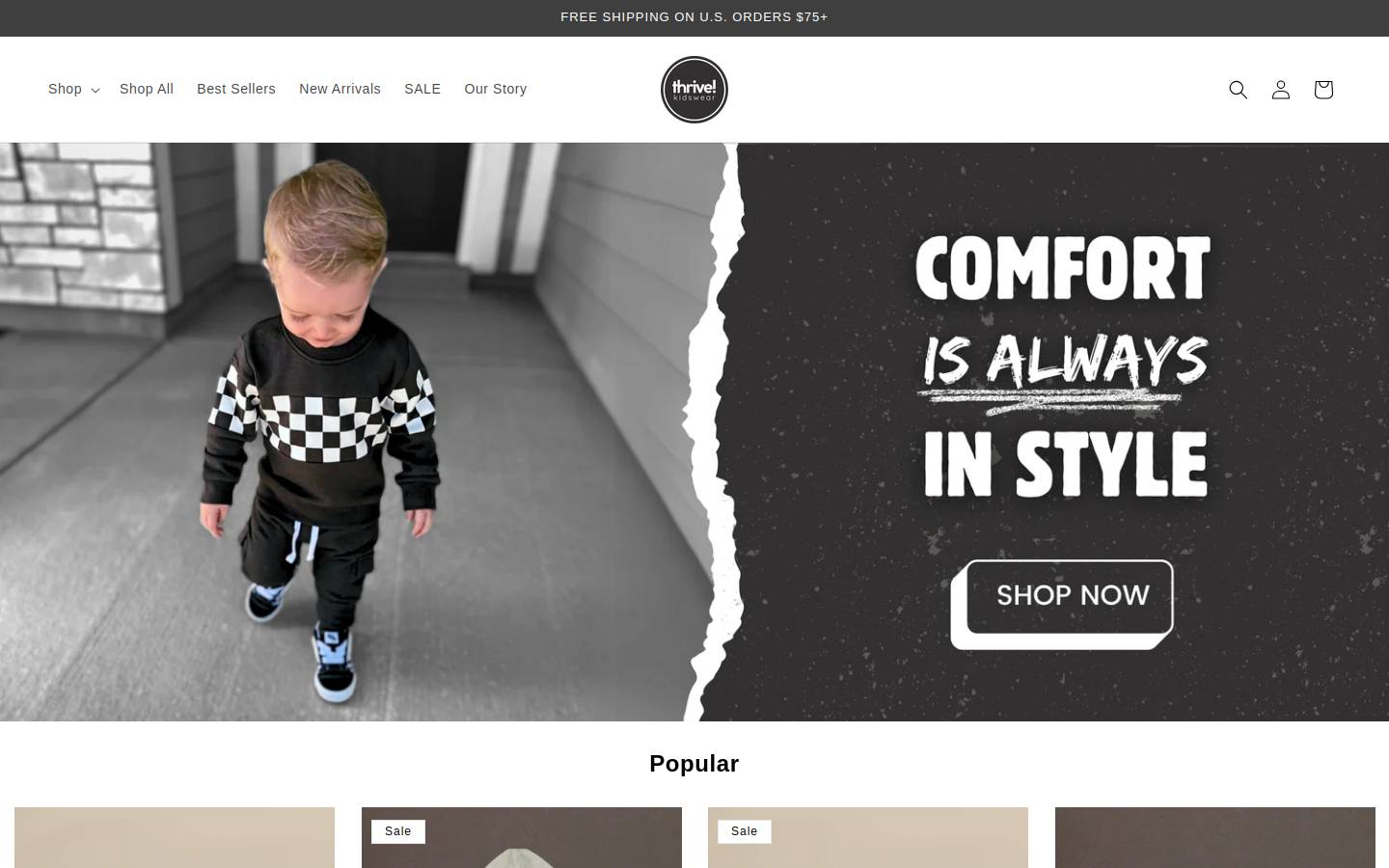 thrivekidswear.com homepage screenshot