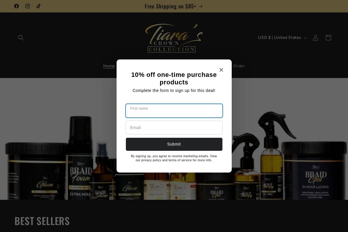 tiarascrowncollection.com homepage screenshot