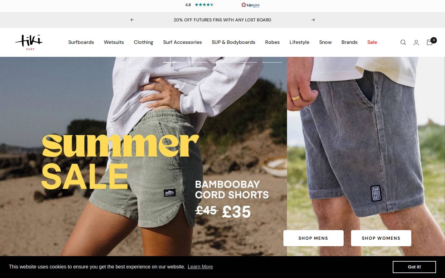 Tiki Surf Shop homepage screenshot