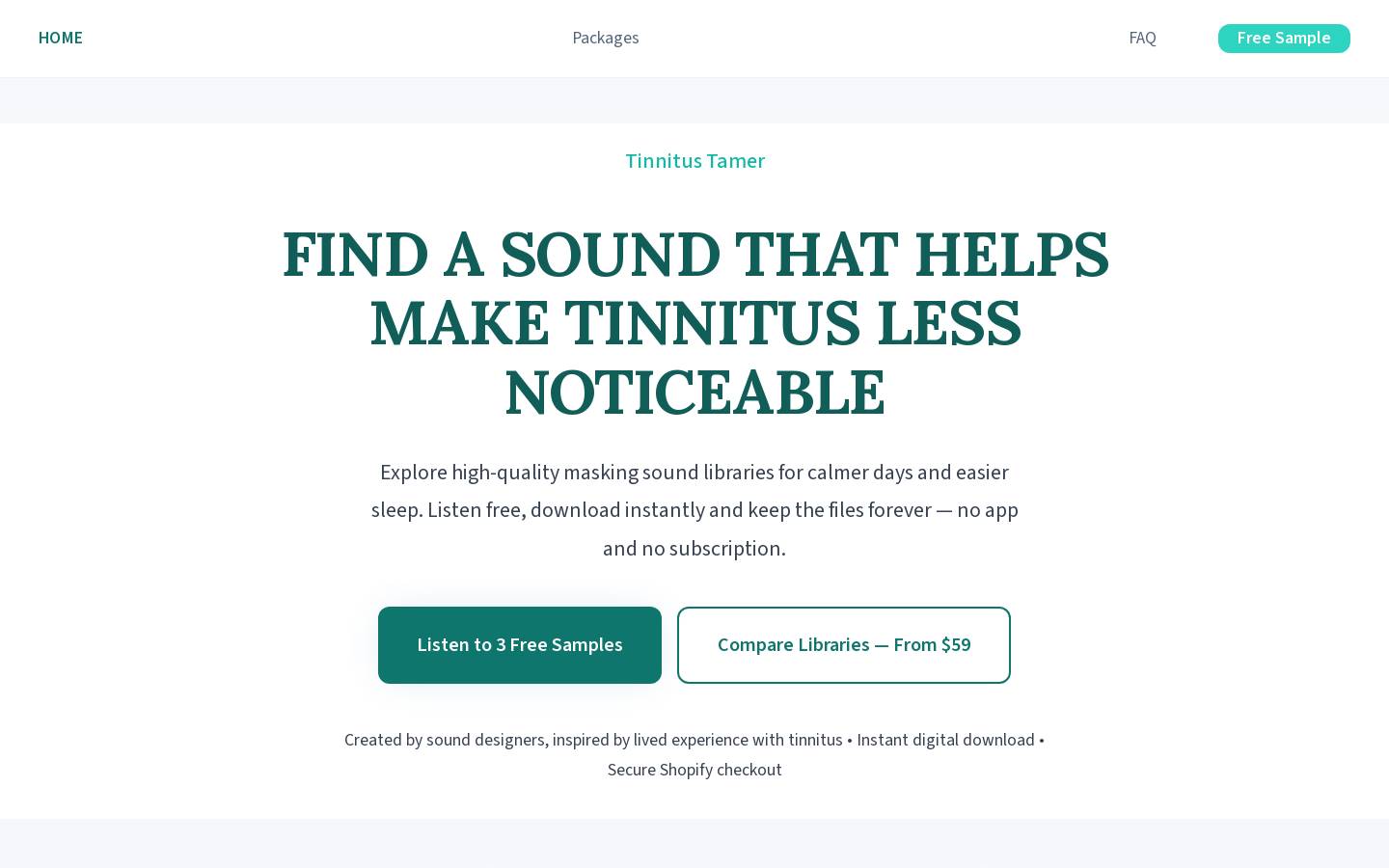 tinnitustamer.com homepage screenshot