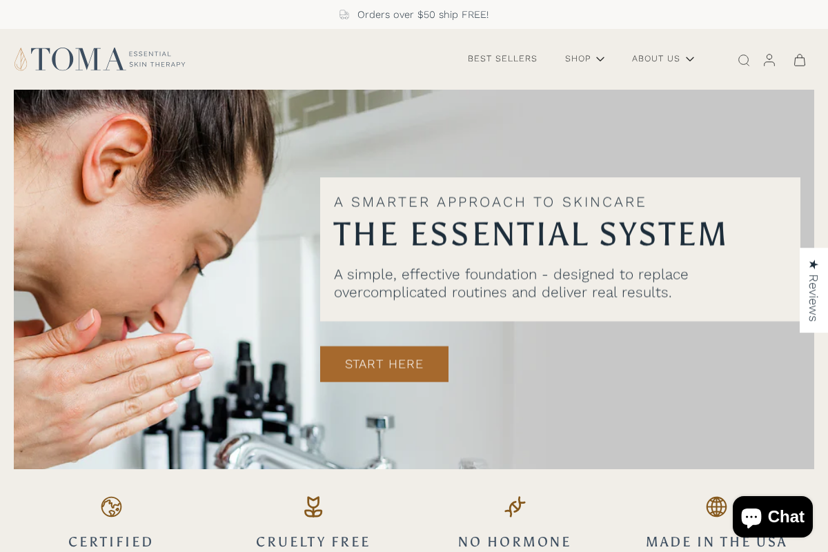 TOMA Essential Skin Therapy homepage screenshot