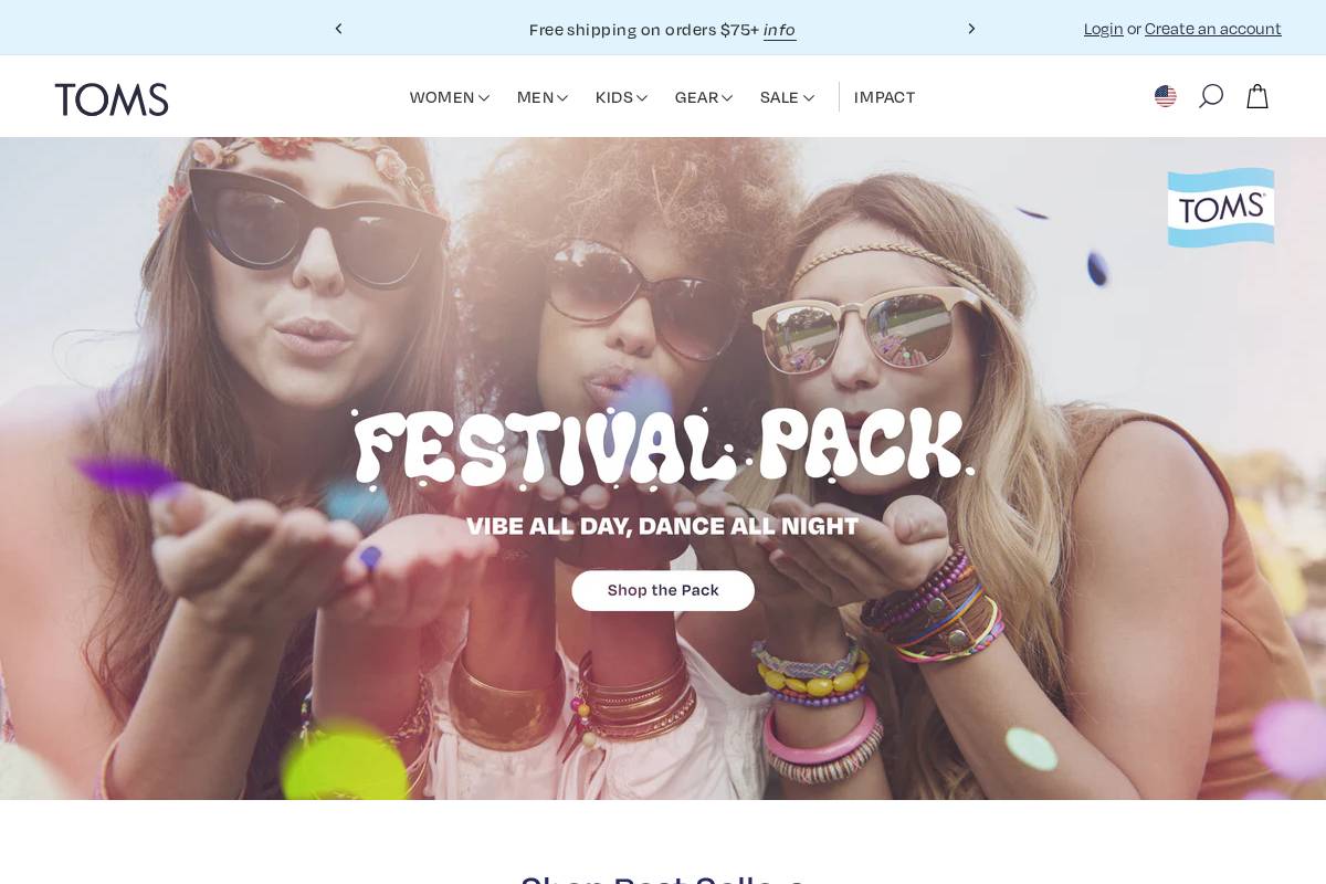 TOMS (US & CA) homepage screenshot