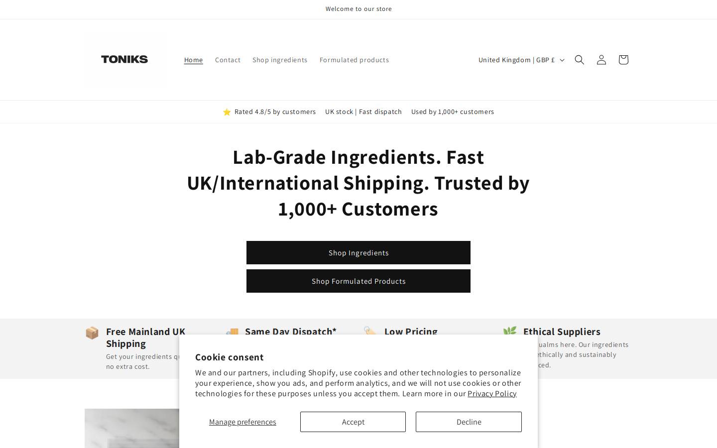 toniks.co.uk homepage screenshot