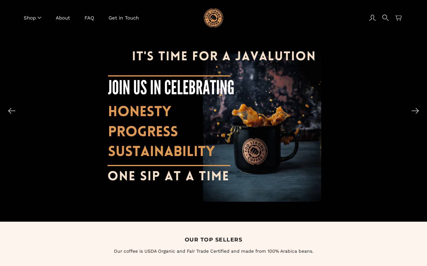 toostrongcoffee.com homepage screenshot