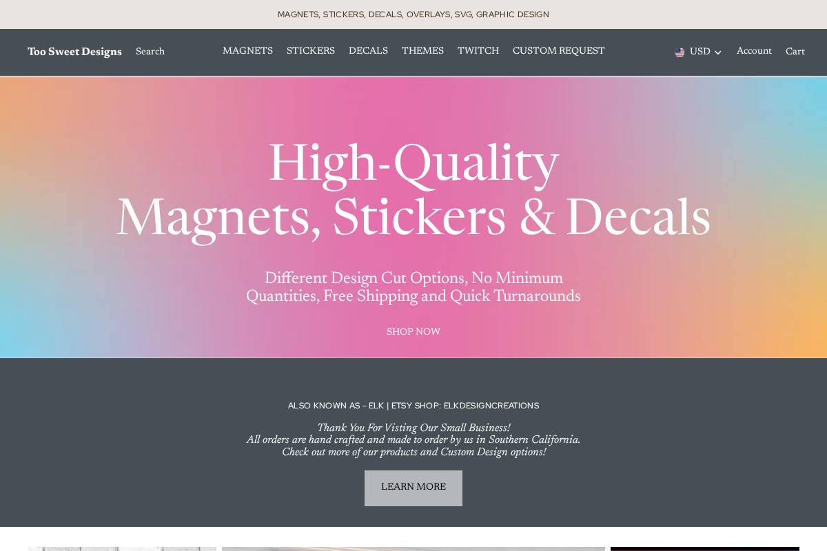 toosweetdesigns.com homepage screenshot