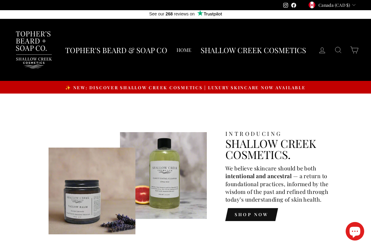 Tophers Beard + Soap Co. homepage screenshot