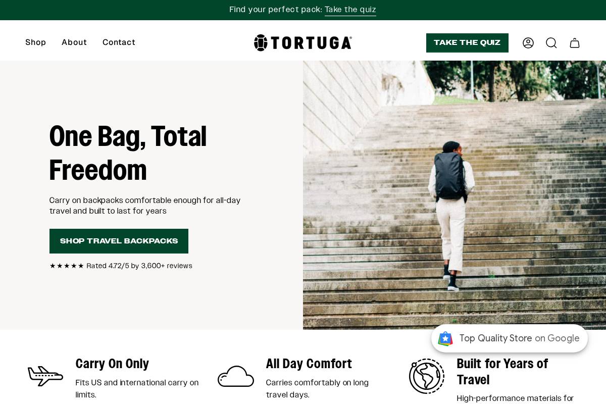 Tortuga Backpacks homepage screenshot
