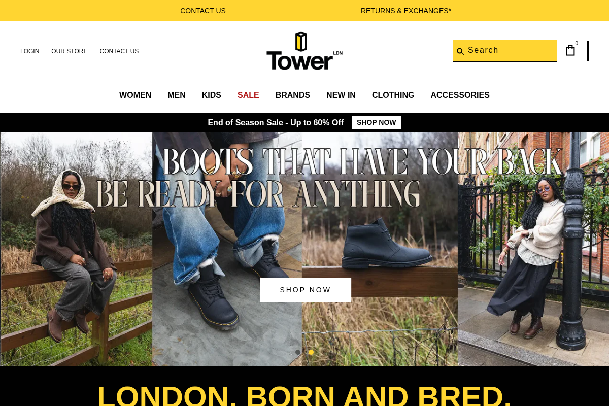 TOWER London Footwear homepage screenshot