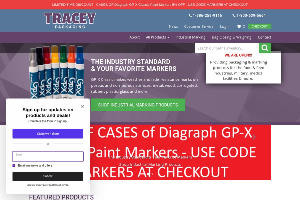 traceypackaging.com homepage screenshot