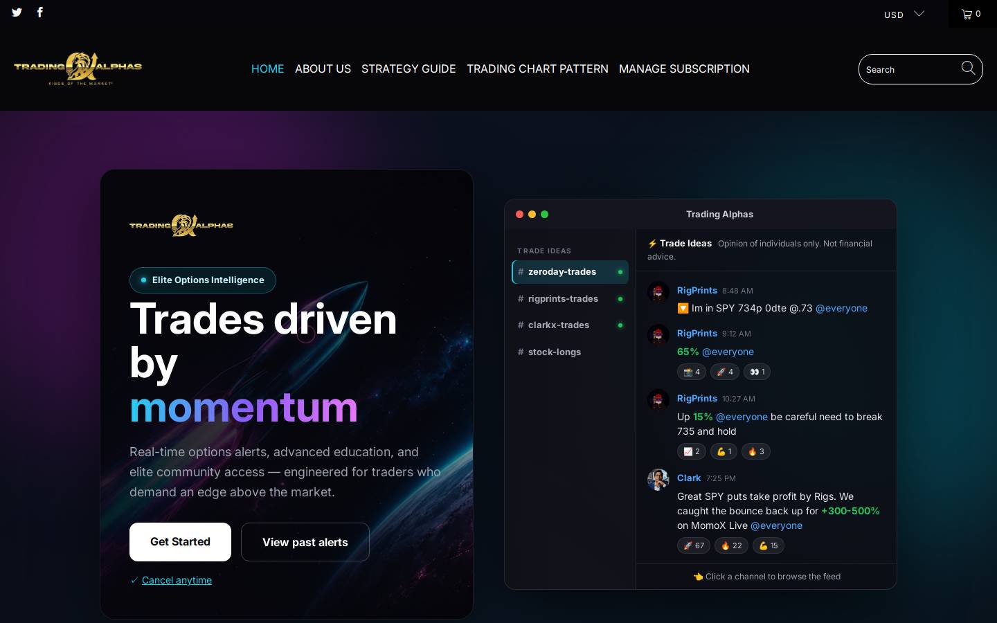 Tradingalphas homepage screenshot