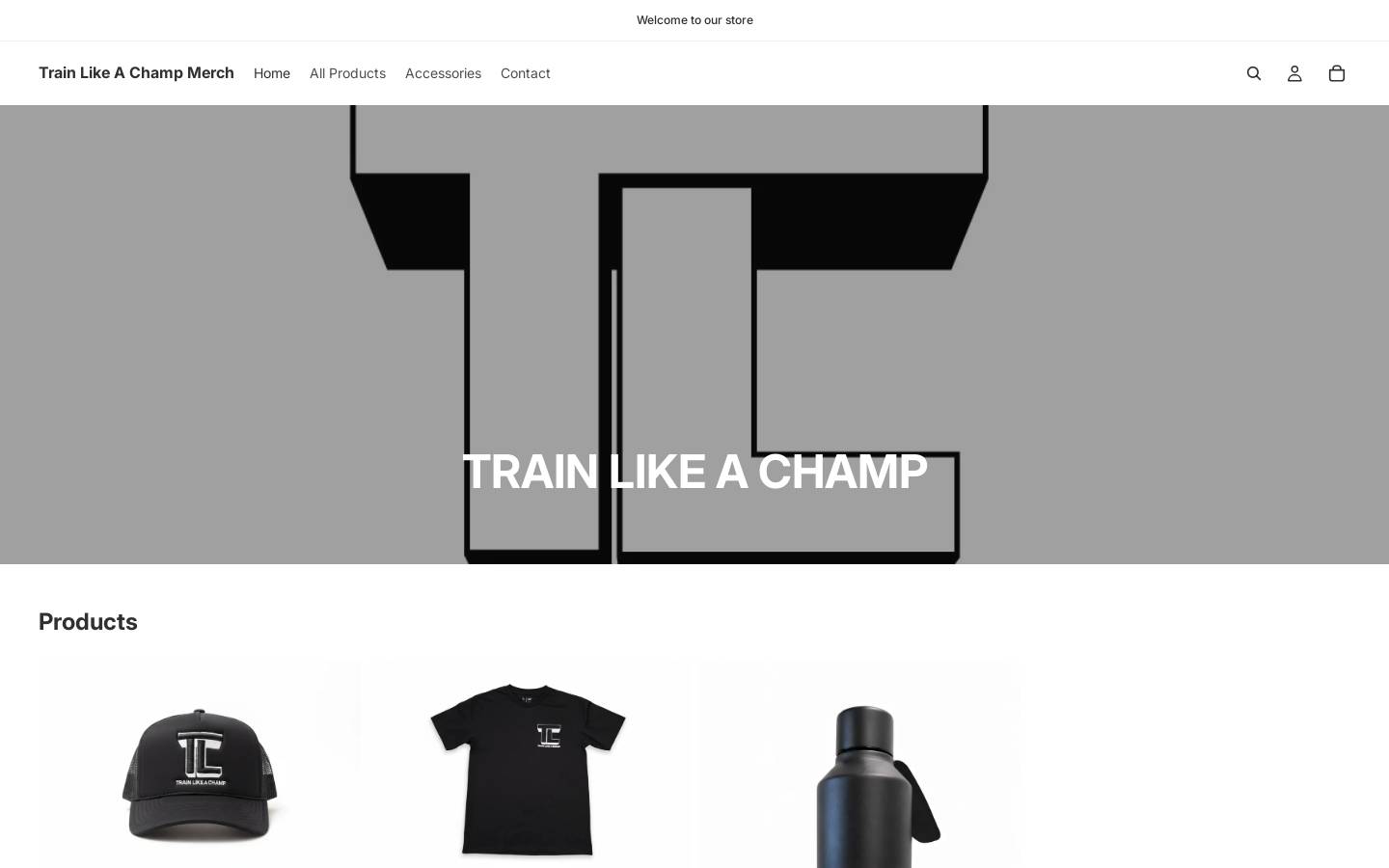 trainlikeachampmerch.com homepage screenshot