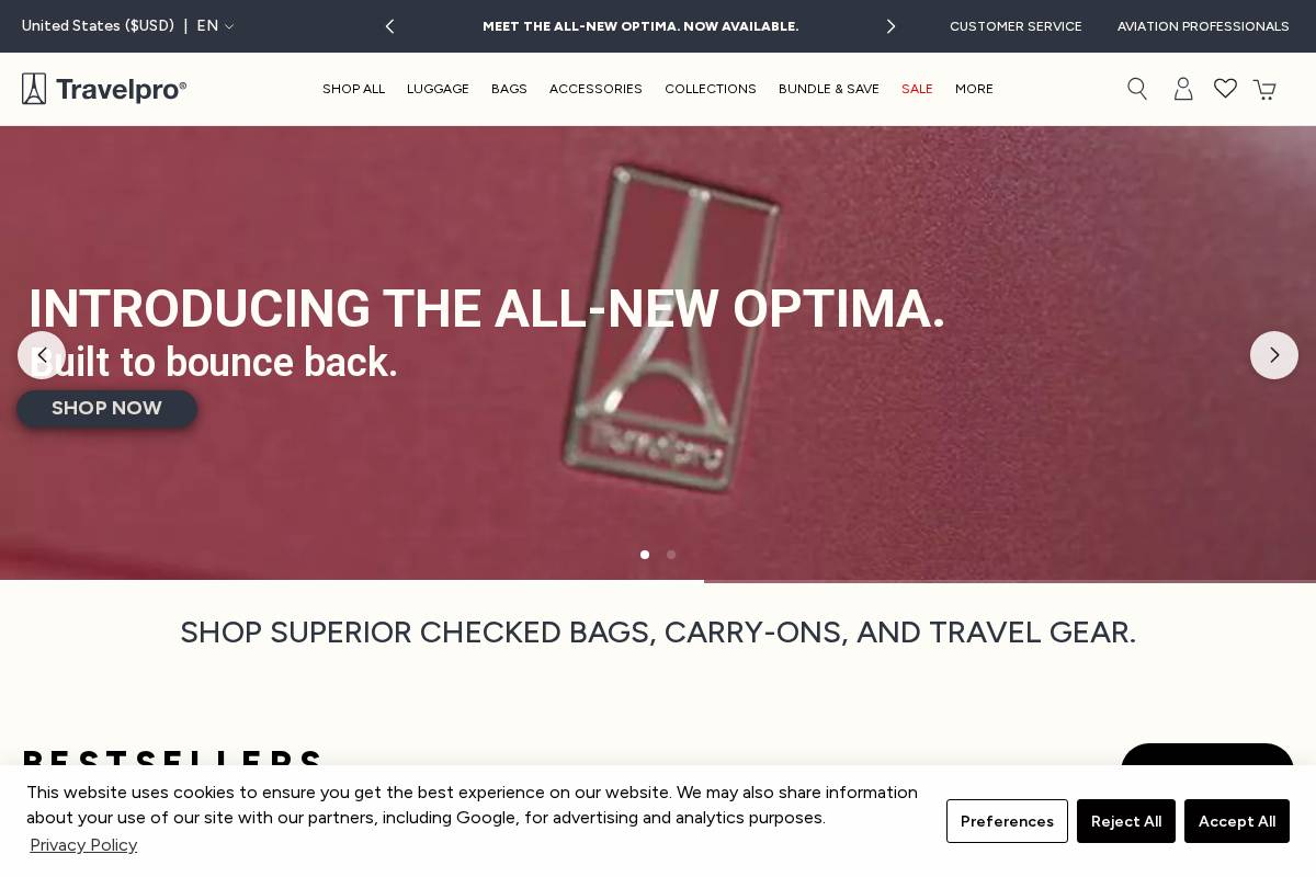 Travelpro® USA homepage screenshot