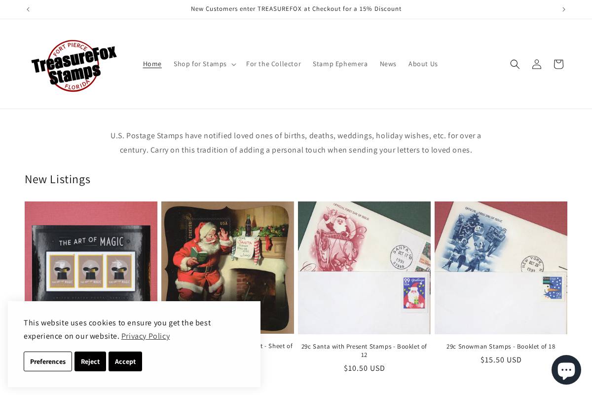 treasurefoxstamps.com homepage screenshot