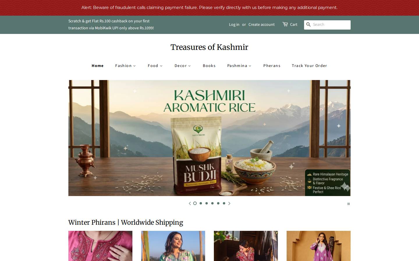 treasuresofkashmir.in homepage screenshot