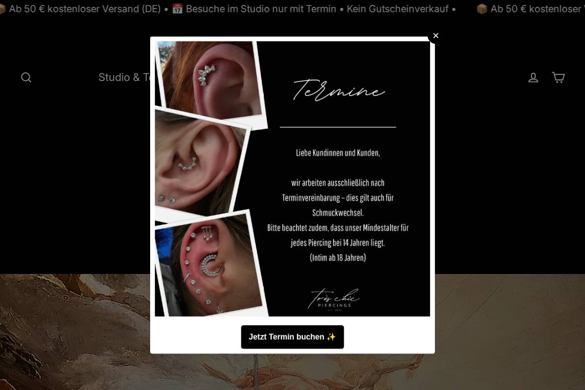 tres-chic-piercings.com homepage screenshot