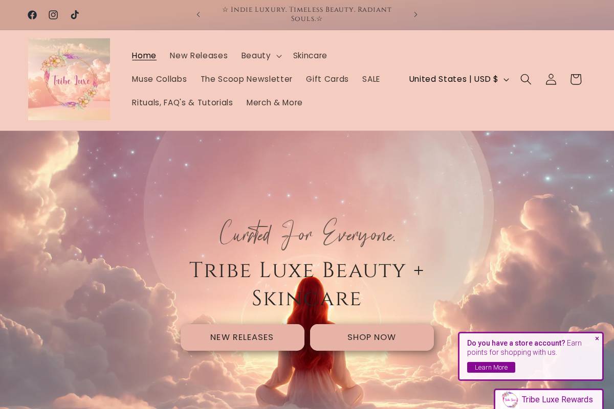 tribeluxeindiebeauty.com homepage screenshot