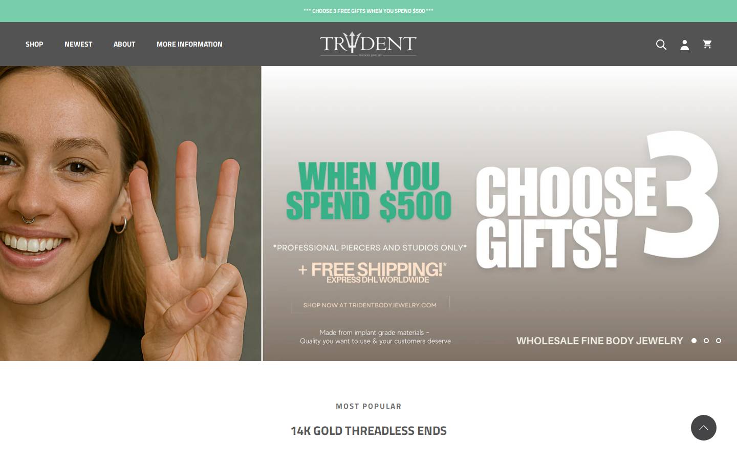 tridentbodyjewelry.com homepage screenshot