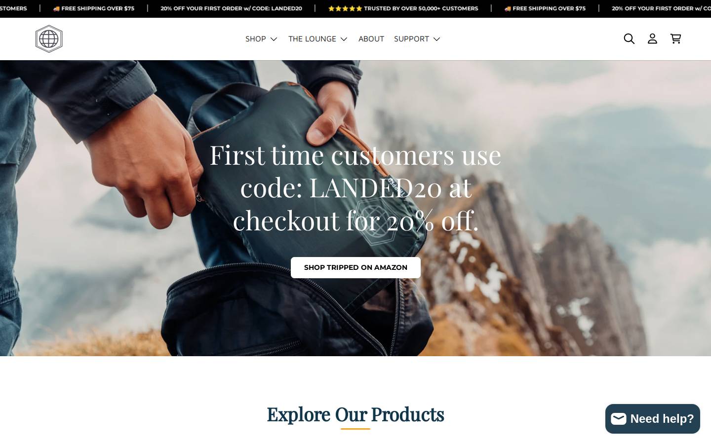 trippedtravelgear.com homepage screenshot