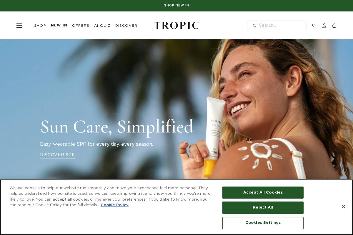 Tropic Skincare homepage screenshot