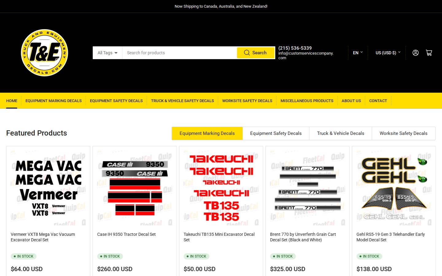 truckandequipmentdecals.com homepage screenshot