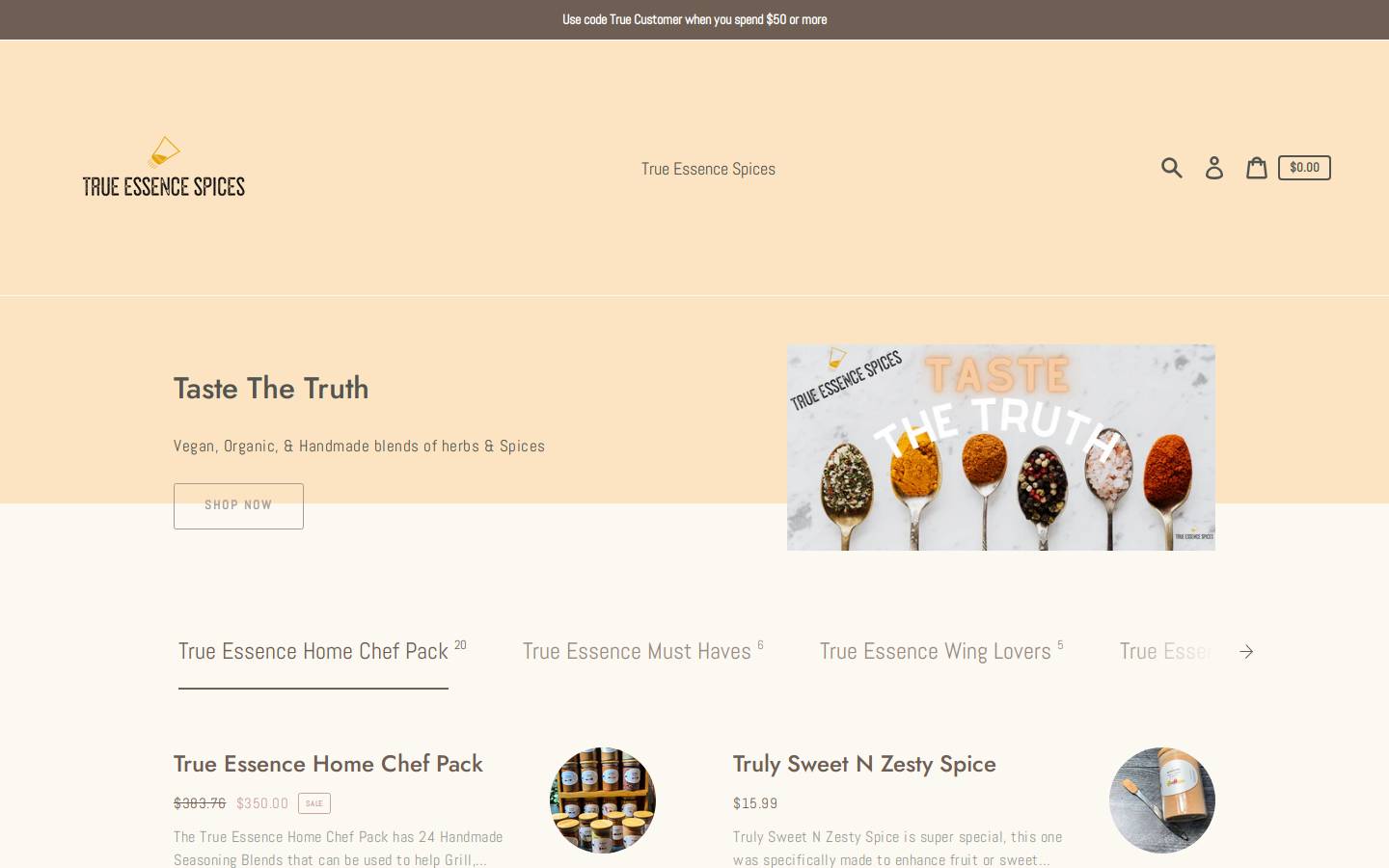trueessencespices.com homepage screenshot