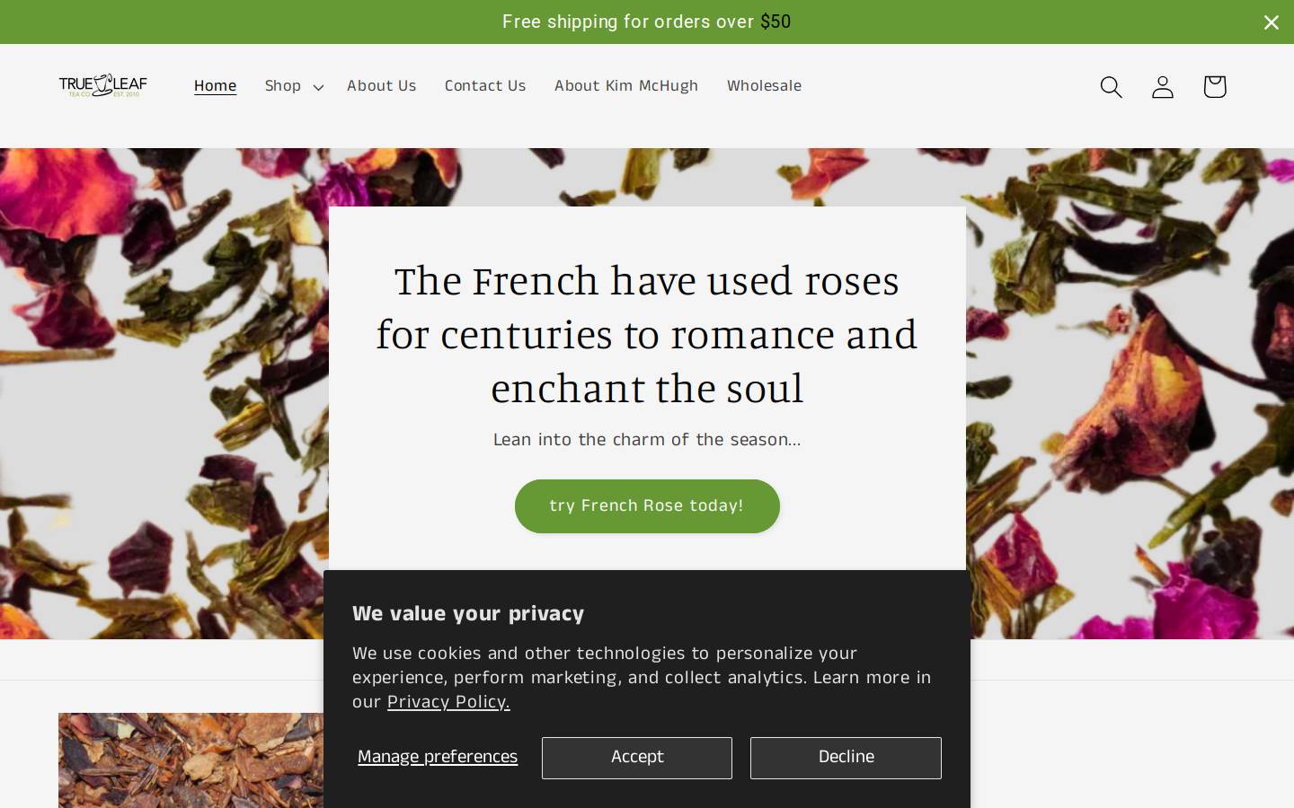 trueleaftea.com homepage screenshot