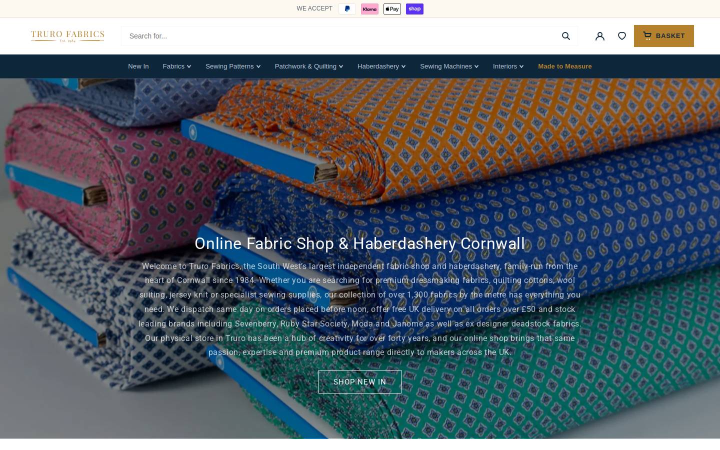 Truro Fabrics homepage screenshot
