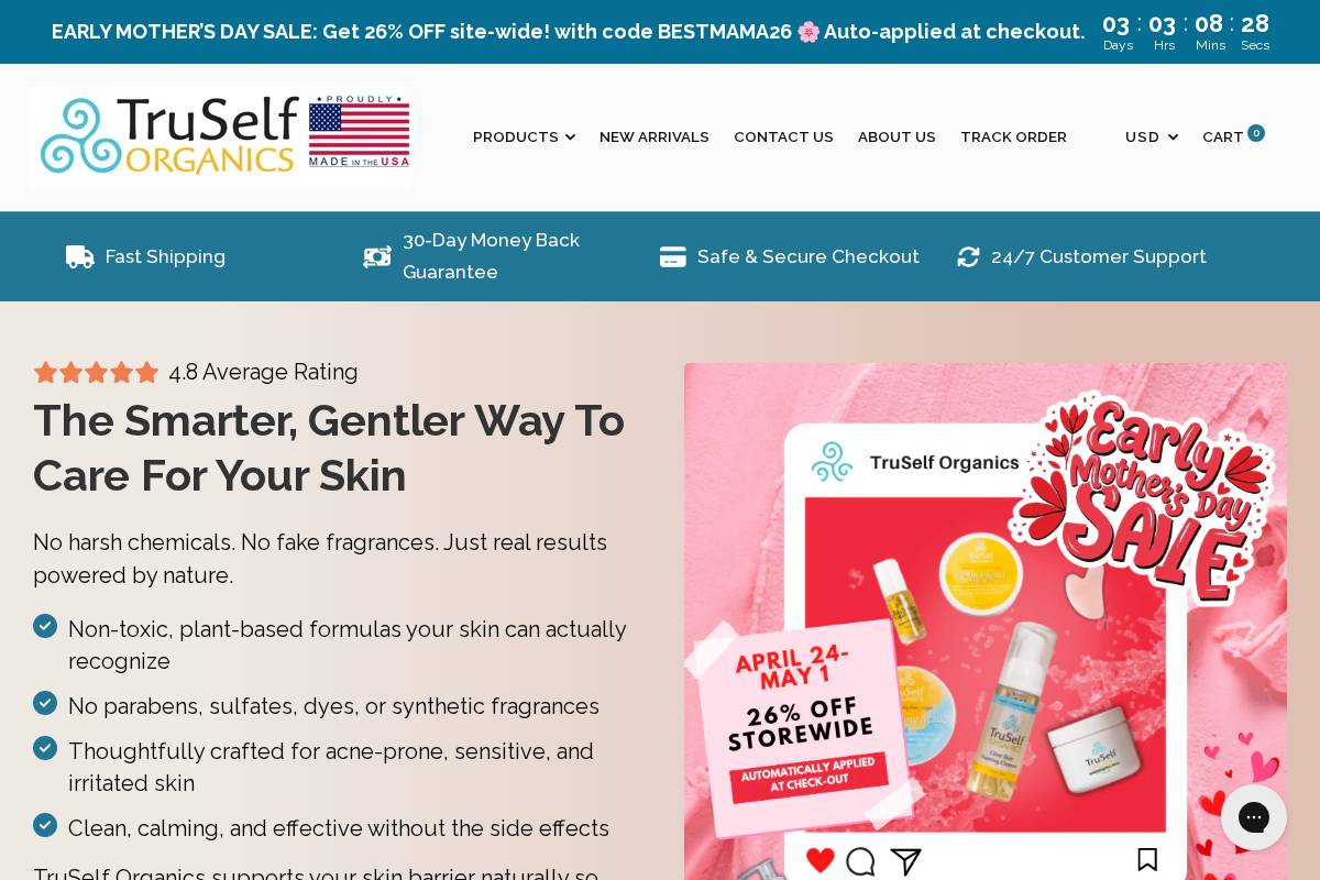 TruSelf Organics homepage screenshot