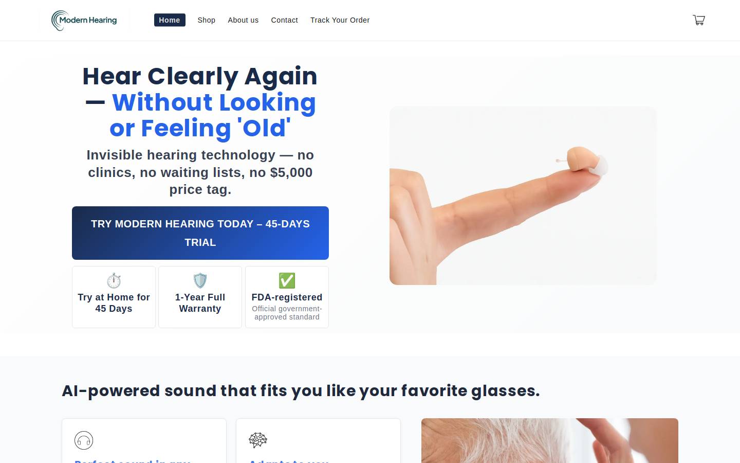 Modern Hearing homepage screenshot