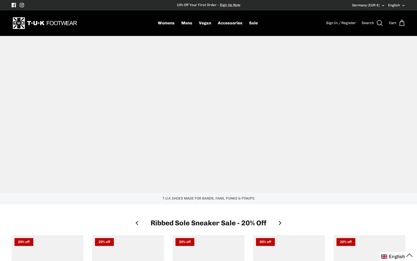 T.U.K. Footwear homepage screenshot
